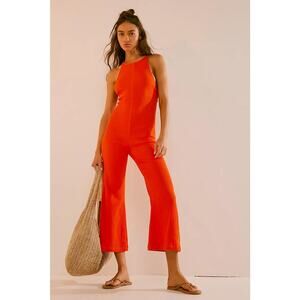Free People Jayce Jumpsuit Size Large Orange Cut Out Back Flare Leg summer